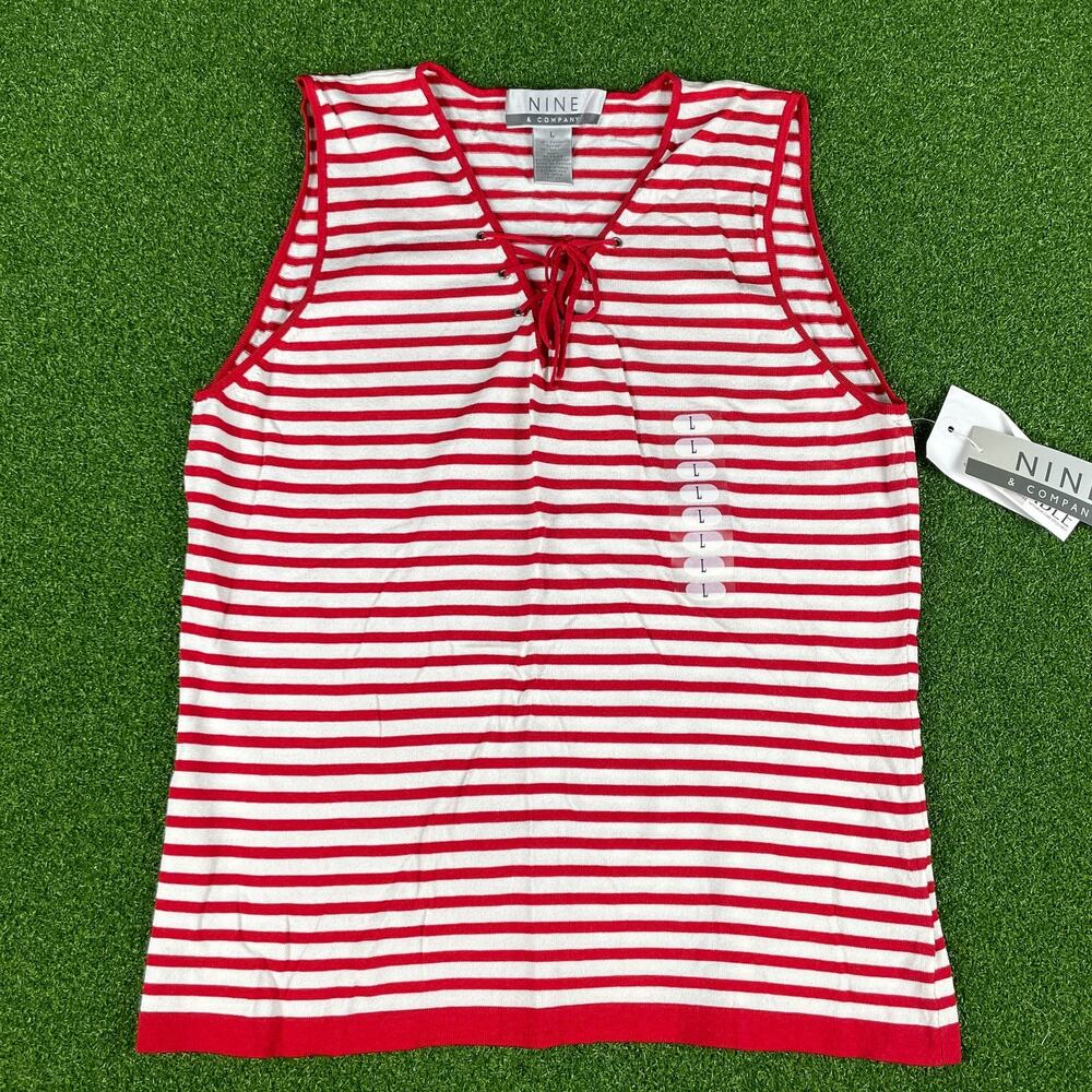 Y2K Nine & Company Red White Striped Lace Up V-Neck Knit Tank Top Sz L NEW